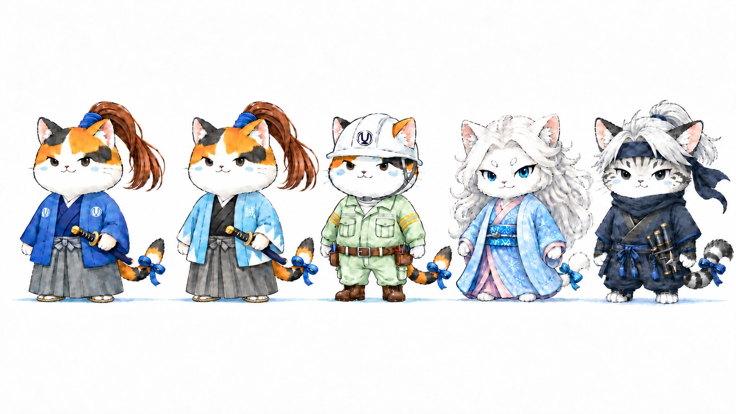 武士、新選組、作業服、妖怪、忍者の姿をした由井通信のキャラクター5匹