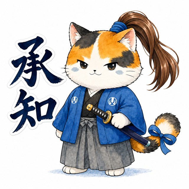 承知と返答する武士ねこのスタンプイメージ