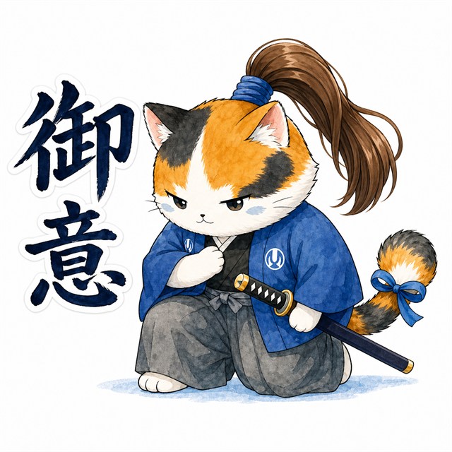 御意と返答する武士ねこのスタンプイメージ
