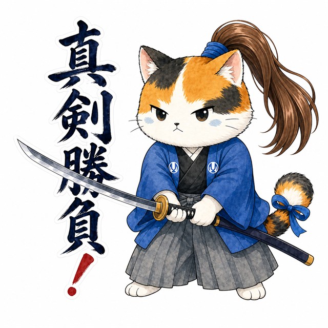 真剣勝負と刀を構える武士ねこのスタンプイメージ