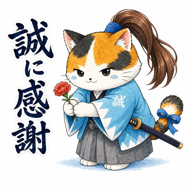 誠に感謝と花を贈る新選組ねこのスタンプイメージ
