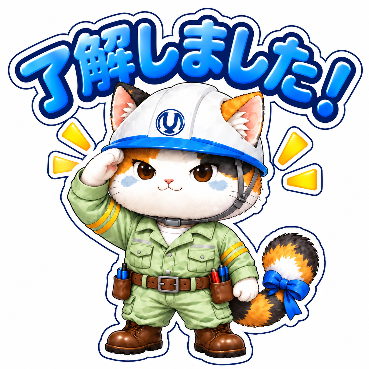 了解しましたと敬礼する工事ねこのフィギュア風スタンプ