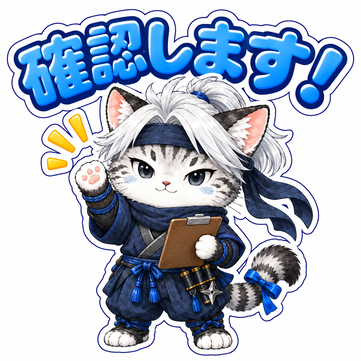 確認しますと伝える忍者ねこのフィギュア風スタンプ