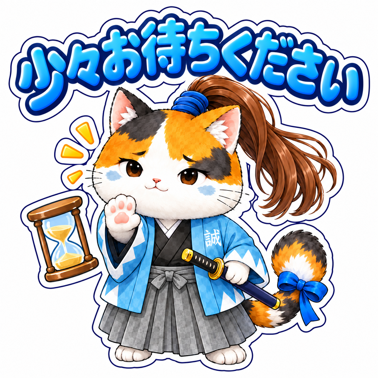 少々お待ちくださいと伝える新選組ねこのフィギュア風スタンプ