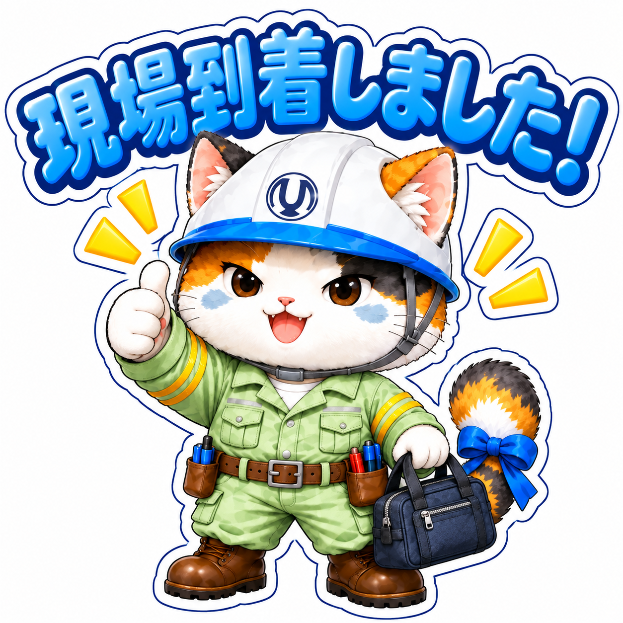 お疲れさまですと伝える武士ねこのフィギュア風スタンプ