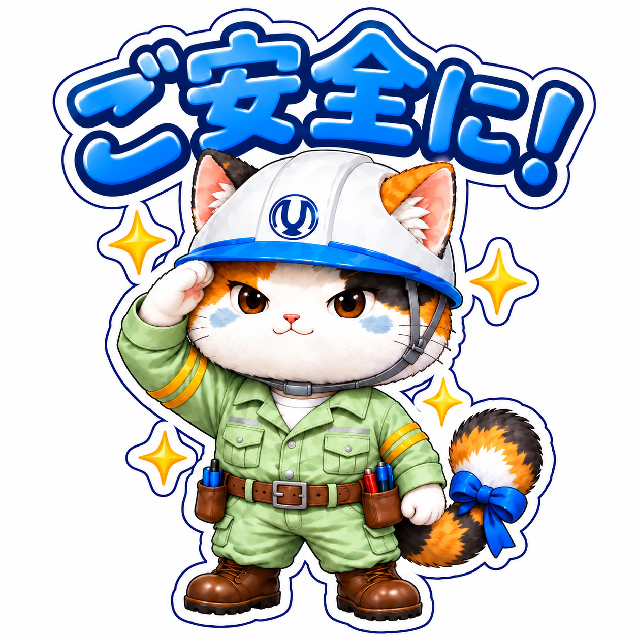ご安全にと呼びかける工事ねこのフィギュア風スタンプ
