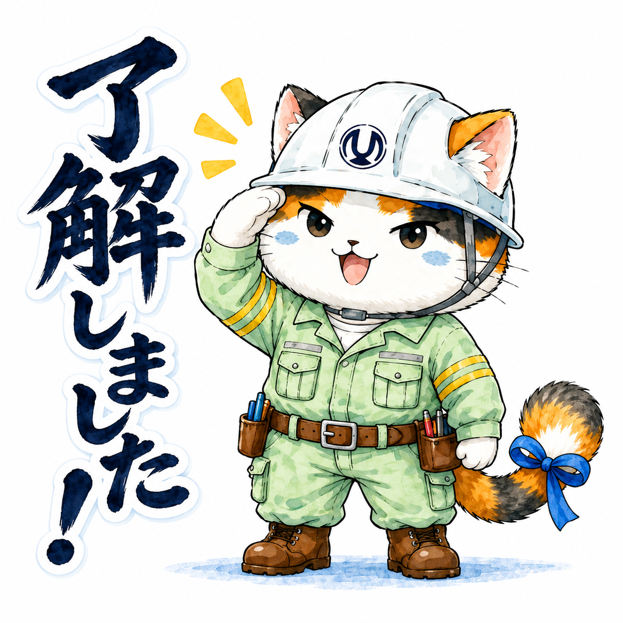 了解しましたと敬礼する工事ねこのイラストスタンプ
